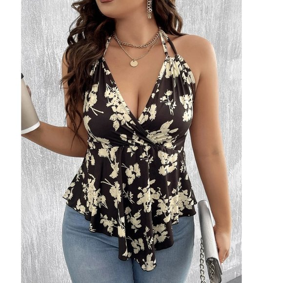 SHEIN Tops - SHEIN Unity Plus Floral Print Tie Backless Halter Top in Black Size 1XL NWOT